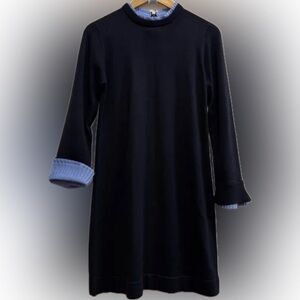 Vince camuto sweater dress in navy w accent ruffle/ pleated neck and sleeve trim